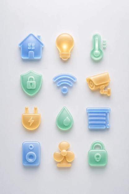 Example output from the Frosted Depth Icon Grids ChatGPT prompt: a smart home icon set in frosted glass style with soft depth and material realism.