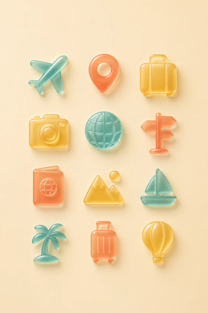 Example output from the Frosted Depth Icon Grids ChatGPT prompt: a travel icon set in frosted glass style with soft depth and material realism.
