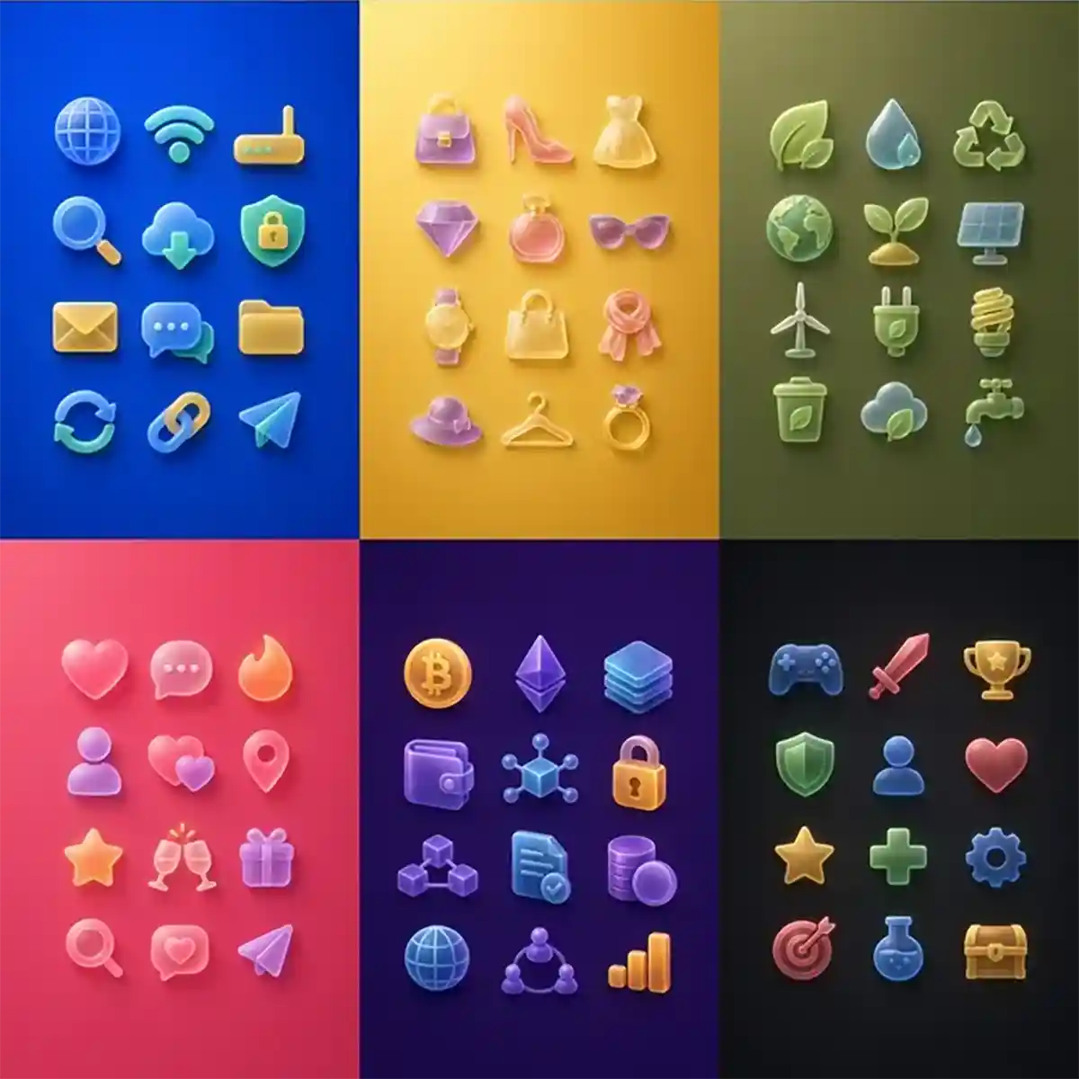 Example output from the Frosted Depth Icon Grids ChatGPT prompt: six frosted glass icon grids on blue, yellow, olive, pink, purple and black backgrounds, covering internet, luxury fashion, eco, social, crypto and gaming themes with soft depth and material realism.