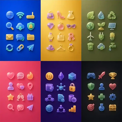 Example output from the Frosted Depth Icon Grids ChatGPT prompt: six frosted glass icon grids on blue, yellow, olive, pink, purple and black backgrounds, covering internet, luxury fashion, eco, social, crypto and gaming themes with soft depth and material realism.