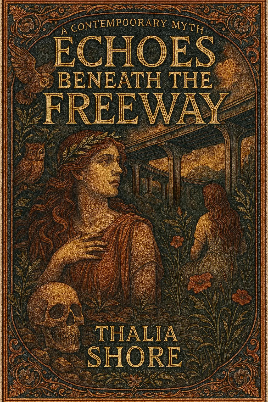 Example output from the Full Color Engraved Book Covers ChatGPT prompt: richly illustrated book covers. Echoes Beneath the Freeway.