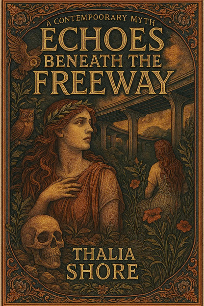 Example output from the Full Color Engraved Book Covers ChatGPT prompt: richly illustrated book covers. Echoes Beneath the Freeway.