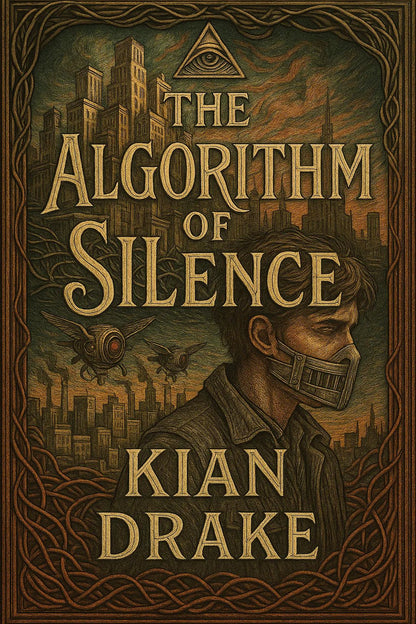Example output from the Full Color Engraved Book Covers ChatGPT prompt: richly illustrated book covers. The Algorithm of Silence.