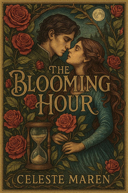 Example output from the Full Color Engraved Book Covers ChatGPT prompt: richly illustrated book covers. The Blooming Hour.