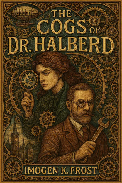 Example output from the Full Color Engraved Book Covers ChatGPT prompt: richly illustrated book covers. The Cogs of Dr. Halberd.