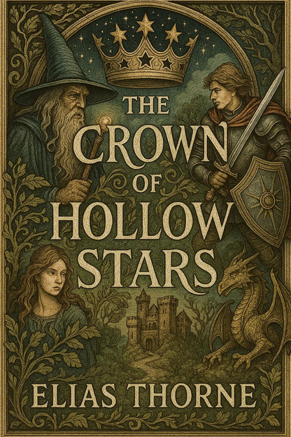 Example output from the Full Color Engraved Book Covers ChatGPT prompt: richly illustrated book covers. The Crown of Hollow Stars.