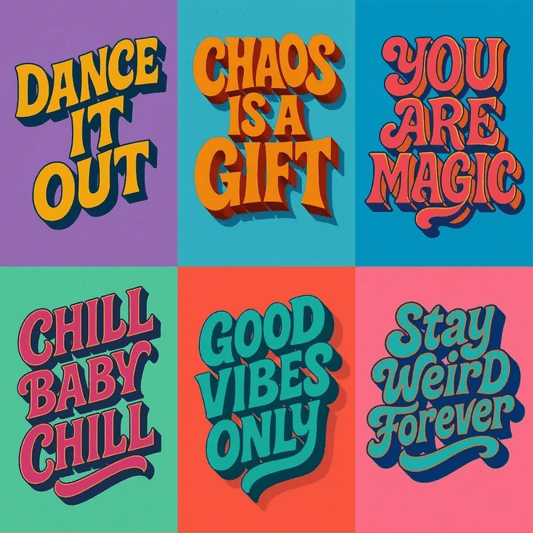 Example output from the Funky 3D Lettering Quote Posters ChatGPT prompt: vibrant quote designs with chunky vintage fonts, deep shadows, bold colors, and layered 3D effects in portrait format.