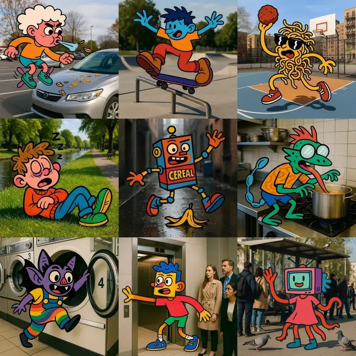 Example output from the Funky Cartoons In Real Photos ChatGPT prompt: 2D cartoon characters integrated into real photos, featuring bold outlines, playful motion, and high-contrast scenes for surreal, remixable content.