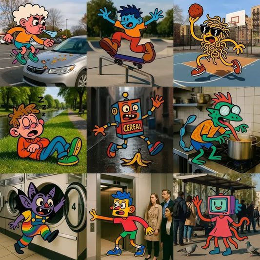 Example output from the Funky Cartoons In Real Photos ChatGPT prompt: 2D cartoon characters integrated into real photos, featuring bold outlines, playful motion, and high-contrast scenes for surreal, remixable content.