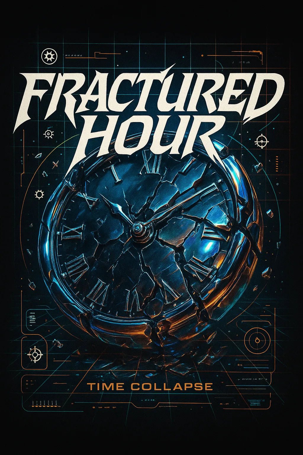 Example output from the Futuristic Chrome T-Shirt Designer ChatGPT prompt: Fractured Hour.