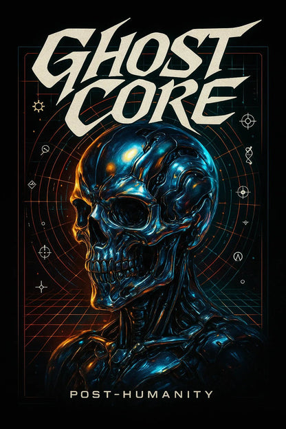 Example output from the Futuristic Chrome T-Shirt Designer ChatGPT prompt: Ghost Core.