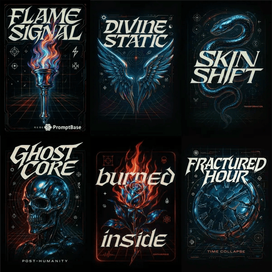 Example output from the Futuristic Chrome T-Shirt Designer ChatGPT prompt: chrome symbols and bold white text over black backgrounds with HUD elements and cinematic glow—ideal for high-concept techwear visuals.
