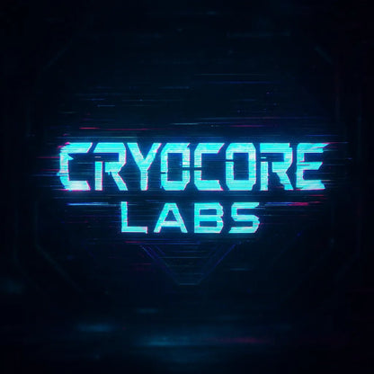Example output of futuristic glitch-style logos generated by a ChatGPT prompt template. CryoCore Labs.