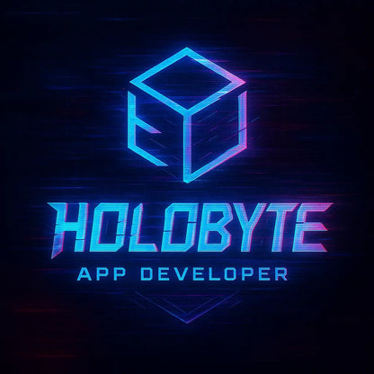 Example output of futuristic glitch-style logos generated by a ChatGPT prompt template. HoloByte.
