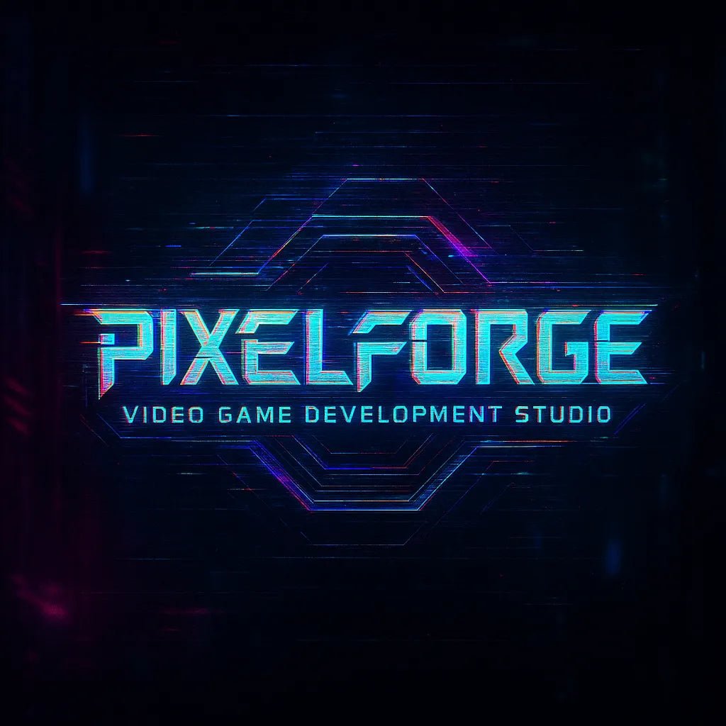 Example output of futuristic glitch-style logos generated by a ChatGPT prompt template. PixelForge.