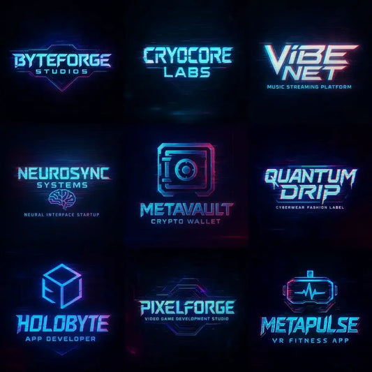 Example output of futuristic glitch-style logos generated by a ChatGPT prompt template, showcasing neon cyan and magenta RGB split, VHS glitch distortion, and scanlines on a dark, high-resolution square canvas with customizable brand name and type.
