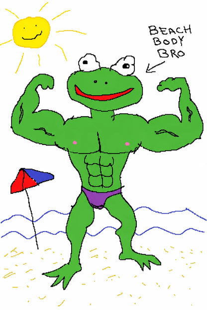 Example output from the Garbage Paint Meme Art ChatGPT prompt: a crude MS Paint drawing of a muscular bodybuilder frog flexing on a beach, labelled beach body bro.