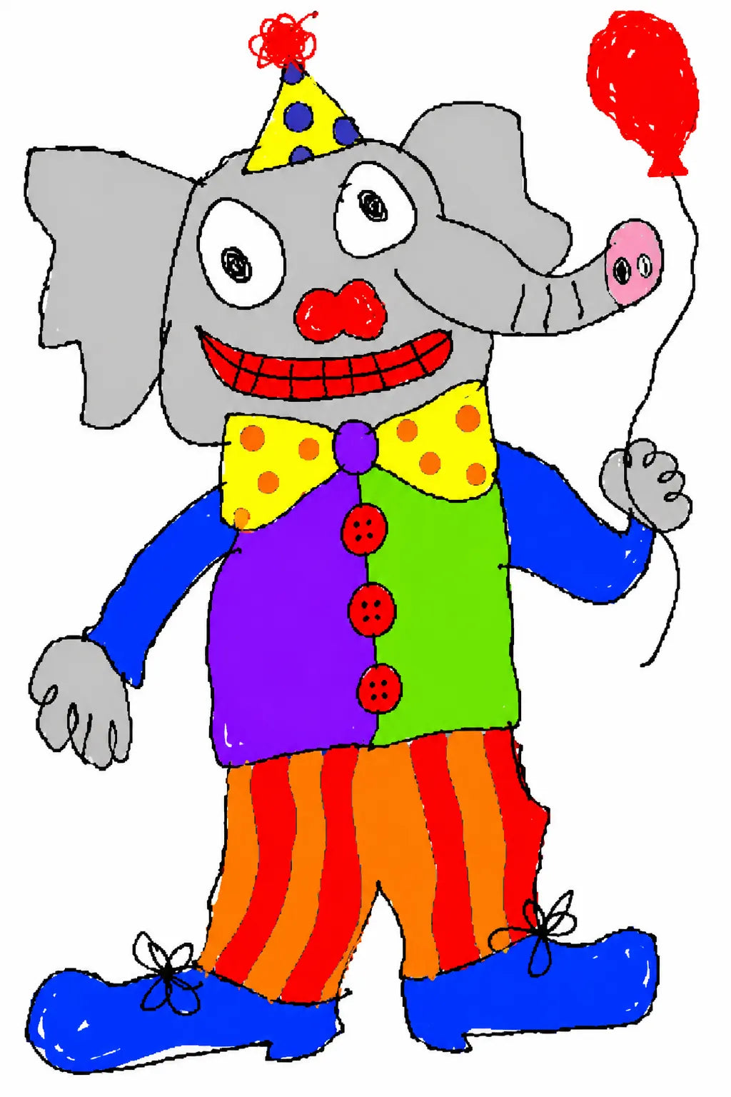 Example output from the Garbage Paint Meme Art ChatGPT prompt: a crude MS Paint drawing of a clown elephant in a party hat and striped trousers holding a red balloon.