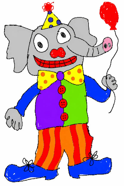 Example output from the Garbage Paint Meme Art ChatGPT prompt: a crude MS Paint drawing of a clown elephant in a party hat and striped trousers holding a red balloon.