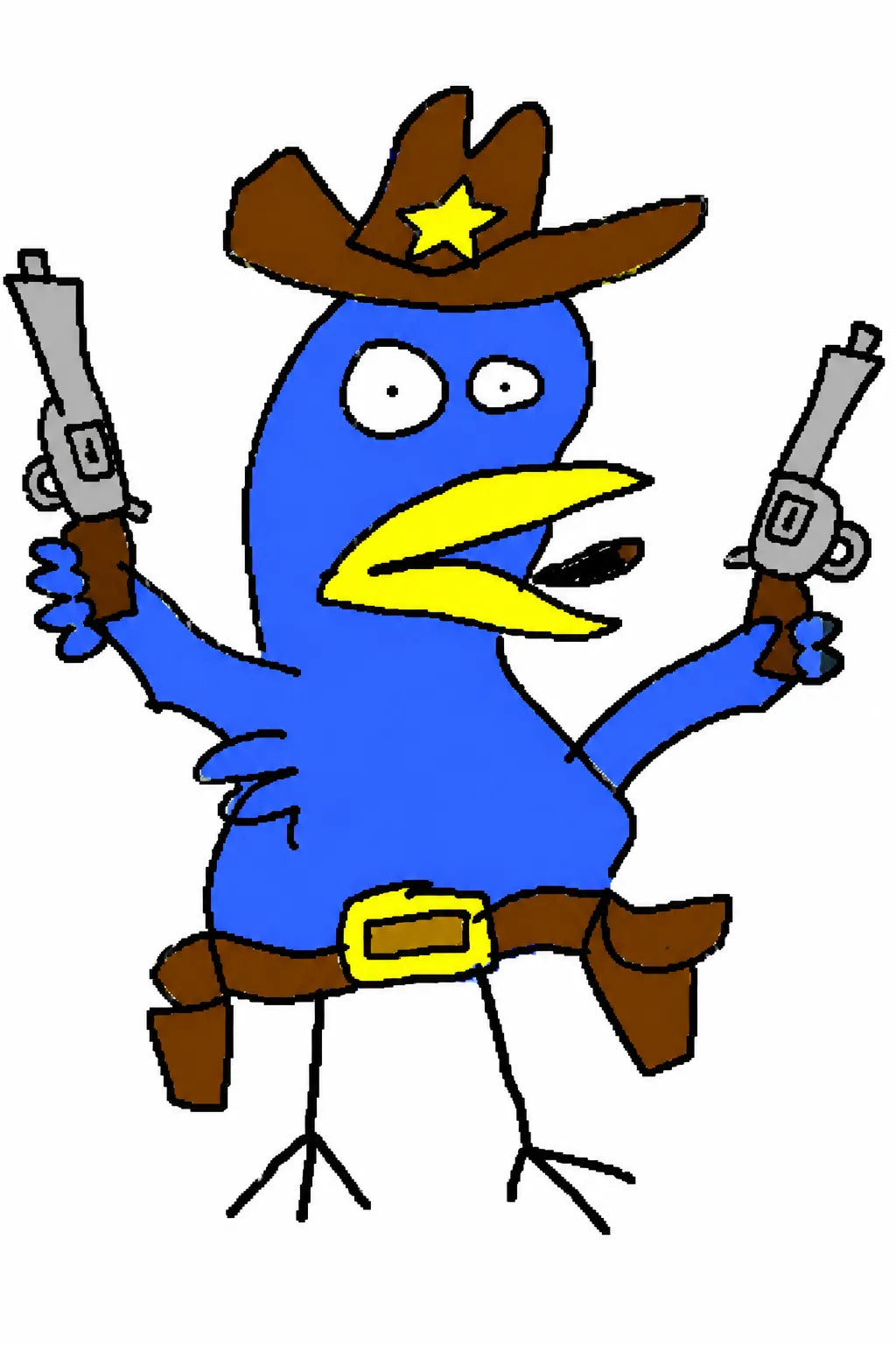 Example output from the Garbage Paint Meme Art ChatGPT prompt: a crude MS Paint drawing of a blue cowboy bird in a sheriff hat holding two revolvers.