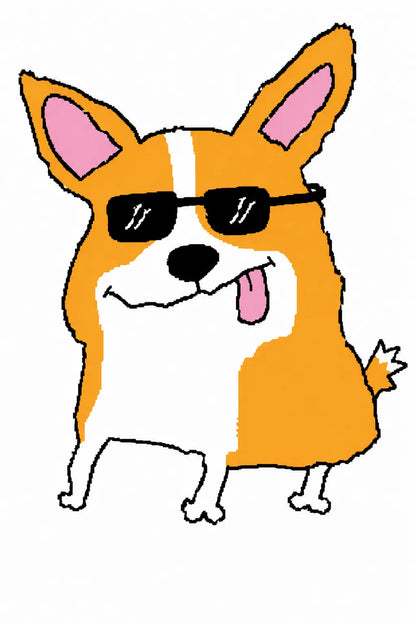 Example output from the Garbage Paint Meme Art ChatGPT prompt: a crude MS Paint drawing of a corgi wearing black sunglasses with its tongue out.
