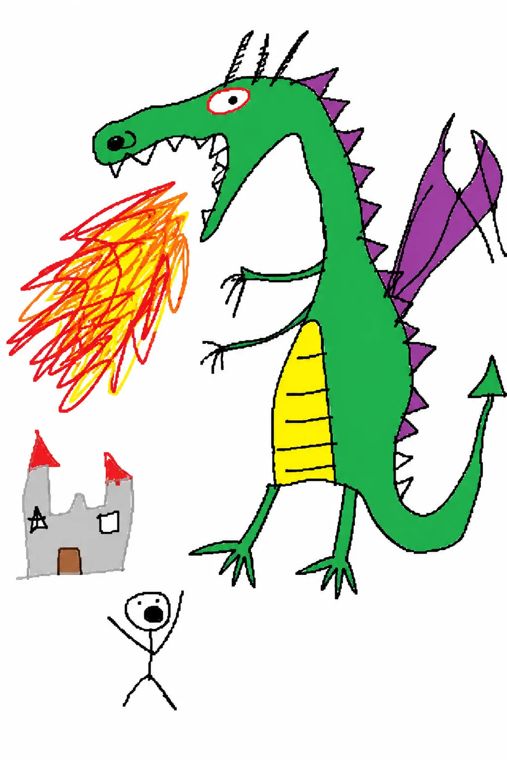 Example output from the Garbage Paint Meme Art ChatGPT prompt: a crude MS Paint drawing of a dragon with awkward proportions and messy outlines.