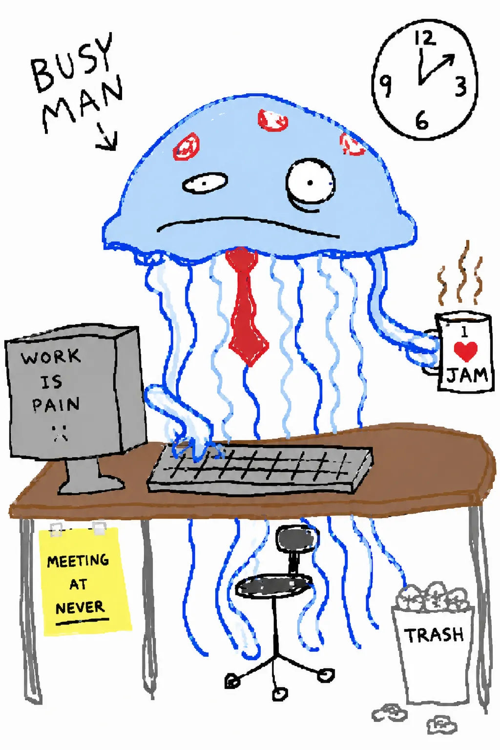 Example output from the Garbage Paint Meme Art ChatGPT prompt: a crude MS Paint drawing of a miserable jellyfish in a necktie working at an office desk.