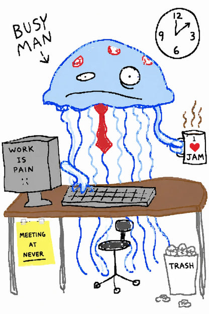 Example output from the Garbage Paint Meme Art ChatGPT prompt: a crude MS Paint drawing of a miserable jellyfish in a necktie working at an office desk.