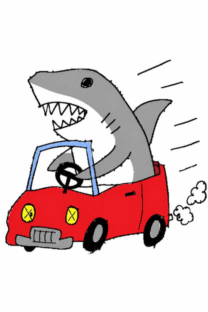 Example output from the Garbage Paint Meme Art ChatGPT prompt: a crude MS Paint drawing of a shark driving, with awkward proportions and messy outlines.