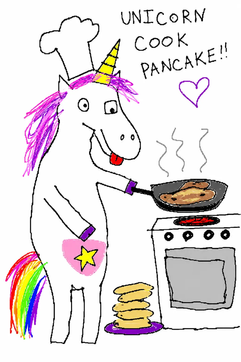 Example output from the Garbage Paint Meme Art ChatGPT prompt: a crude MS Paint drawing of a unicorn in a chef hat cooking pancakes, captioned unicorn cook pancake.