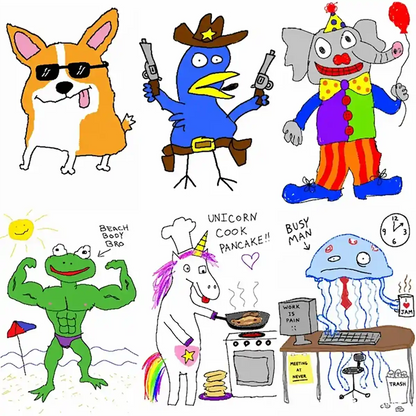 Example output from the Garbage Paint Meme Art ChatGPT prompt: a six-panel grid of deliberately terrible MS Paint doodles including a corgi in sunglasses, a cowboy bird with pistols, a clown elephant, a bodybuilder frog, a unicorn cooking pancakes and a jellyfish at an office desk.