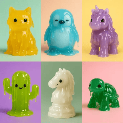 Example output from the Gelatin Kawaii Art Generator ChatGPT prompt: translucent figurines of cats, penguins, unicorns, and turtles with glossy drips, soft pastel backgrounds, and a cute, playful vibe ideal for digital art or collectibles.