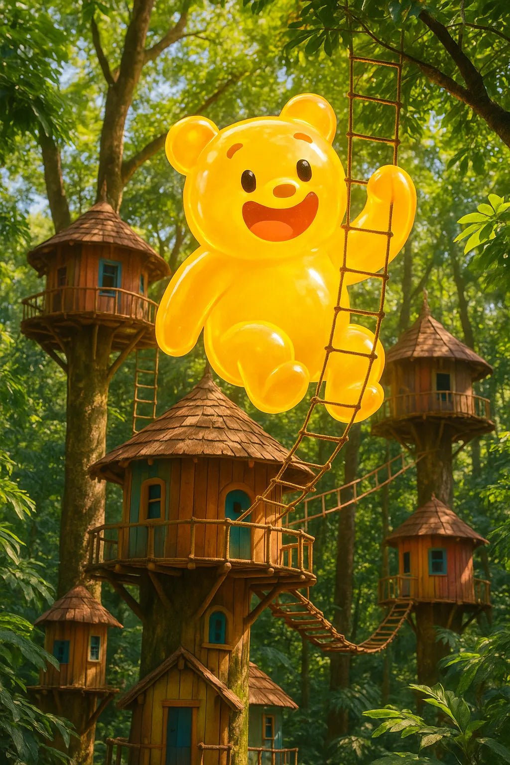 Example output from the Giant 2D Characters In Real Scenes ChatGPT prompt: colorful cartoon-style characters interacting with real-life DSLR photo backdrops. Teddy Bear.