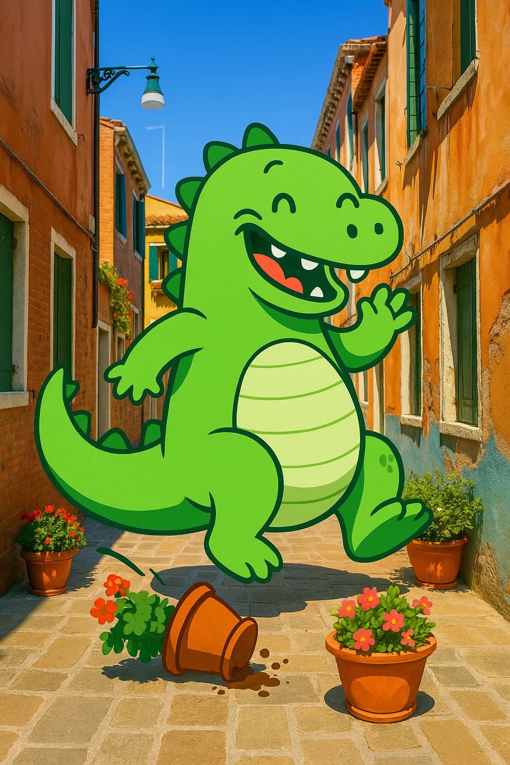 Example output from the Giant 2D Characters In Real Scenes ChatGPT prompt: colorful cartoon-style characters interacting with real-life DSLR photo backdrops. Dinosaur.