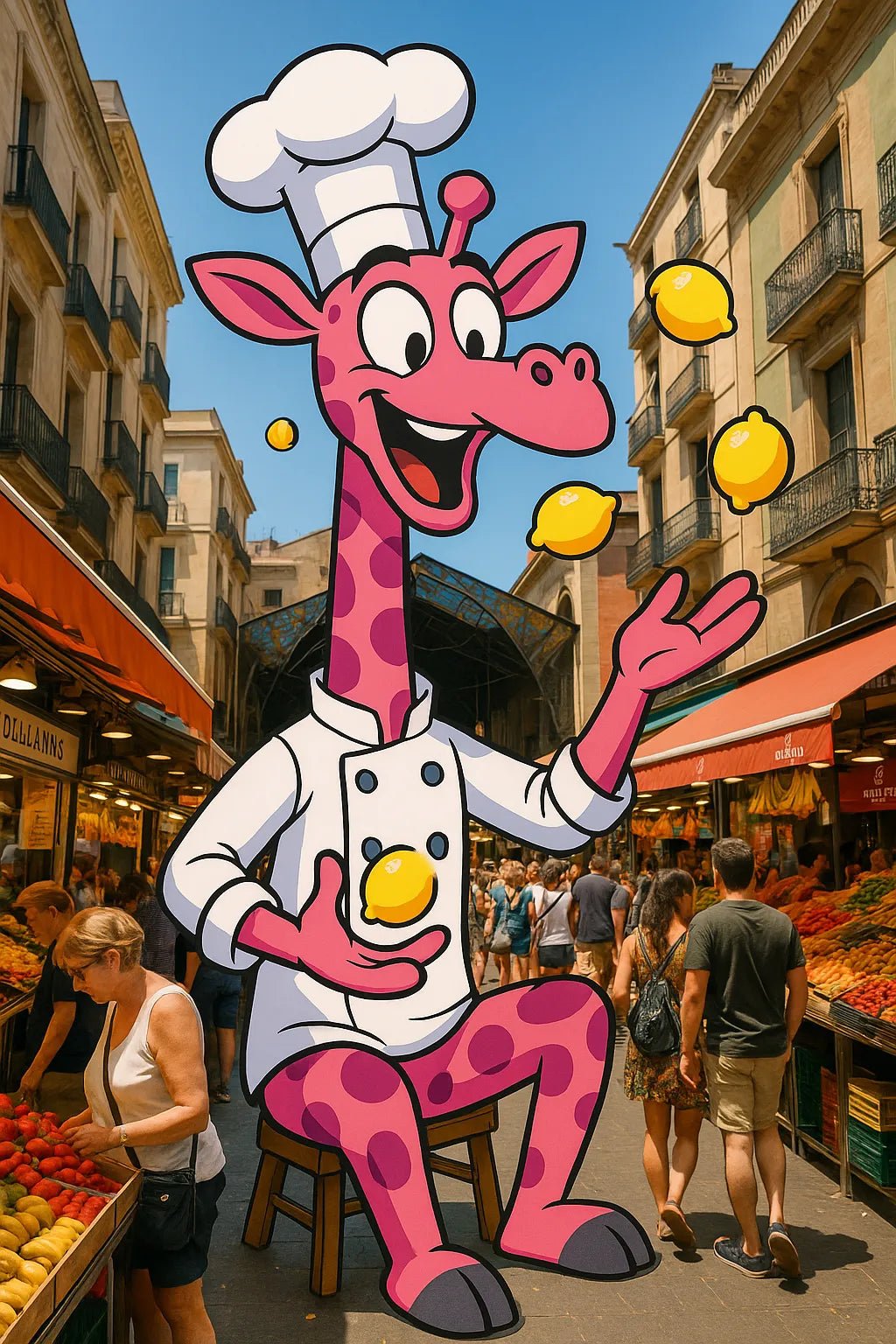 Example output from the Giant 2D Characters In Real Scenes ChatGPT prompt: colorful cartoon-style characters interacting with real-life DSLR photo backdrops. Pink Giraffe.