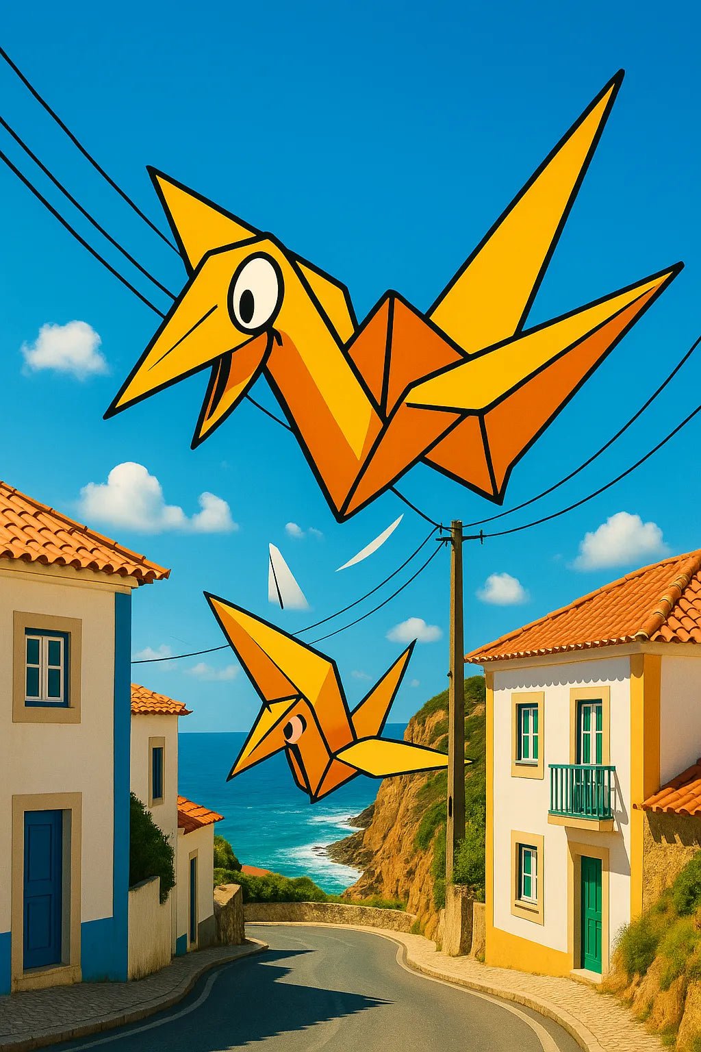 Example output from the Giant 2D Characters In Real Scenes ChatGPT prompt: colorful cartoon-style characters interacting with real-life DSLR photo backdrops. Plane Origami.