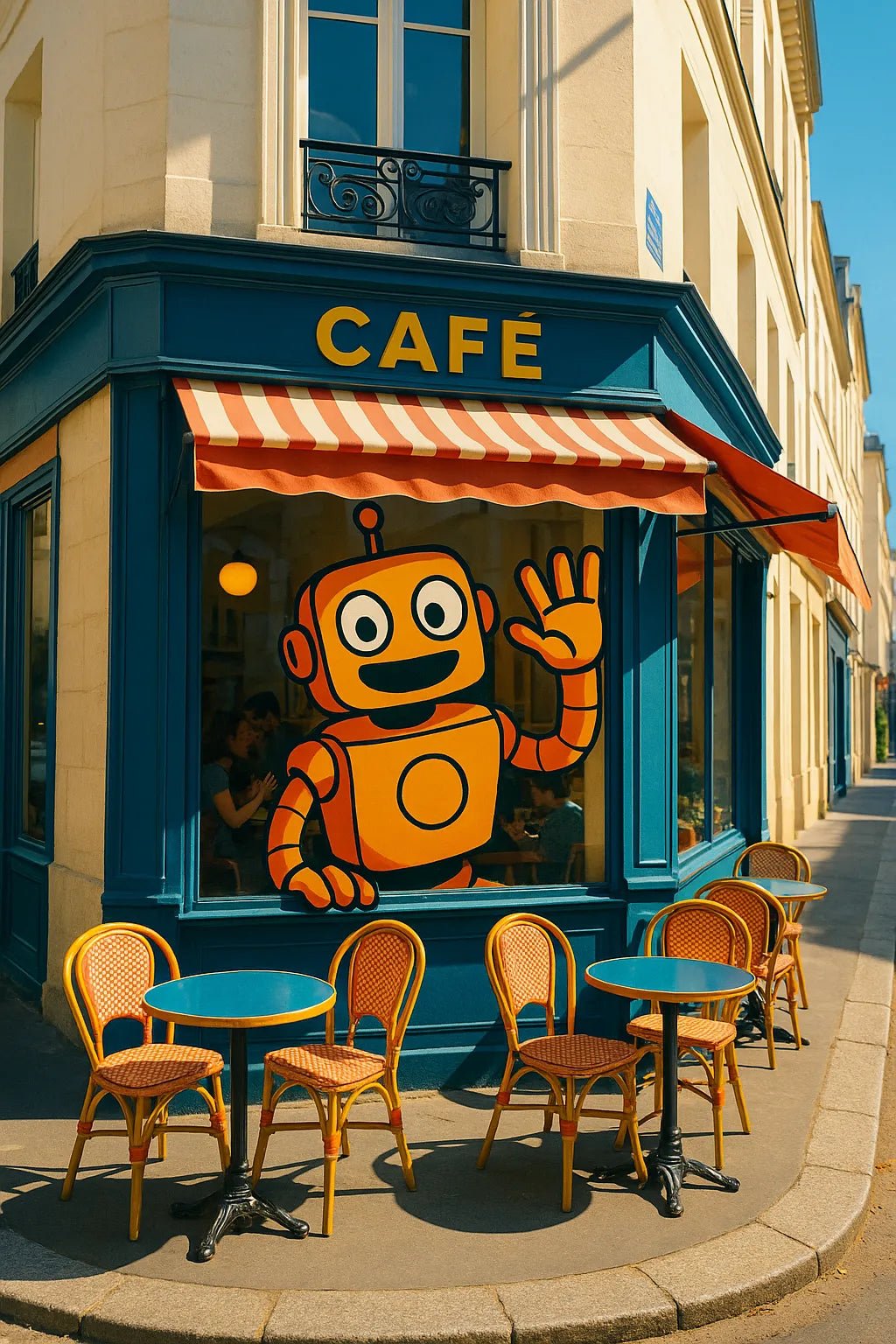 Example output from the Giant 2D Characters In Real Scenes ChatGPT prompt: colorful cartoon-style characters interacting with real-life DSLR photo backdrops. Robot.