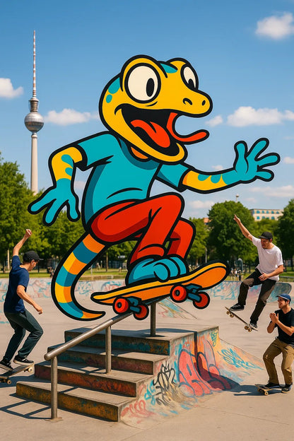 Example output from the Giant 2D Characters In Real Scenes ChatGPT prompt: colorful cartoon-style characters interacting with real-life DSLR photo backdrops. Stake.