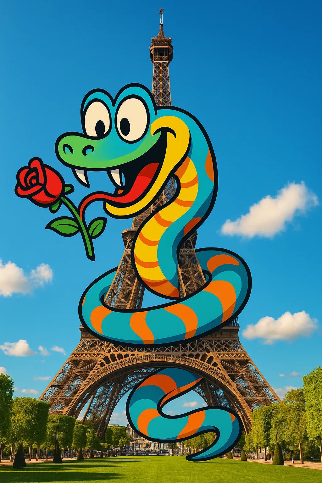 Example output from the Giant 2D Characters In Real Scenes ChatGPT prompt: colorful cartoon-style characters interacting with real-life DSLR photo backdrops. Snake.