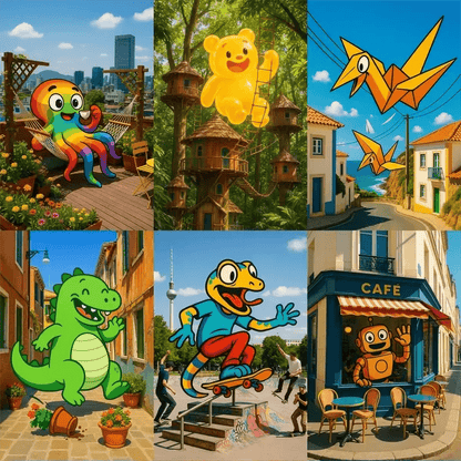 Example output from the Giant 2D Characters In Real Scenes ChatGPT prompt: colorful cartoon-style characters interacting with real-life DSLR photo backdrops, blending flat vector art with vivid, outdoor environments.