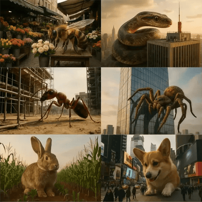 Example output from the Giant Animals In The Real World ChatGPT prompt: oversized animals in cinematic real-world settings, featuring lifelike integration, dramatic scale, and expressive environmental lighting.