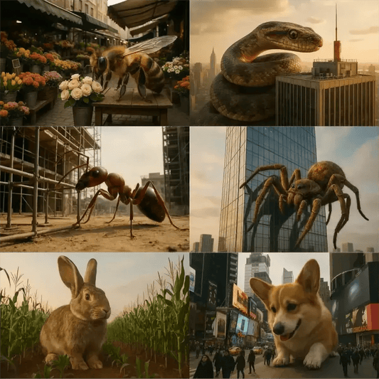 Example output from the Giant Animals In The Real World ChatGPT prompt: oversized animals in cinematic real-world settings, featuring lifelike integration, dramatic scale, and expressive environmental lighting.
