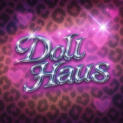 Example output from the Glam Pop Chrome Text Logo ChatGPT prompt: bubble-style chrome lettering with sparkles, soft glows, and Y2K glam over customizable pastel and patterned backgrounds for trendy visual branding. Doll Haus.