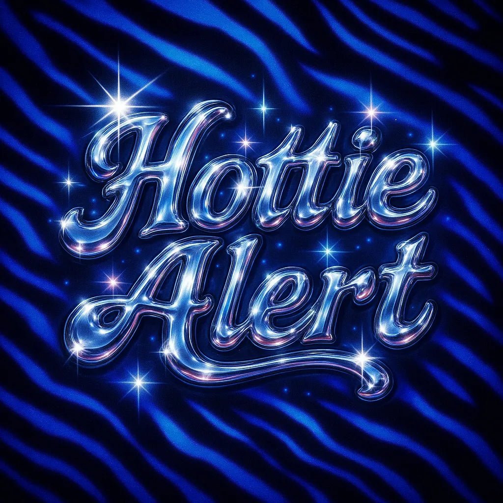Example output from the Glam Pop Chrome Text Logo ChatGPT prompt: bubble-style chrome lettering with sparkles, soft glows, and Y2K glam over customizable pastel and patterned backgrounds for trendy visual branding. Hottie Alert.