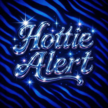 Example output from the Glam Pop Chrome Text Logo ChatGPT prompt: bubble-style chrome lettering with sparkles, soft glows, and Y2K glam over customizable pastel and patterned backgrounds for trendy visual branding. Hottie Alert.