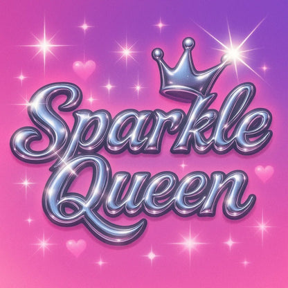 Example output from the Glam Pop Chrome Text Logo ChatGPT prompt: bubble-style chrome lettering with sparkles, soft glows, and Y2K glam over customizable pastel and patterned backgrounds for trendy visual branding. Sparkle Queen.