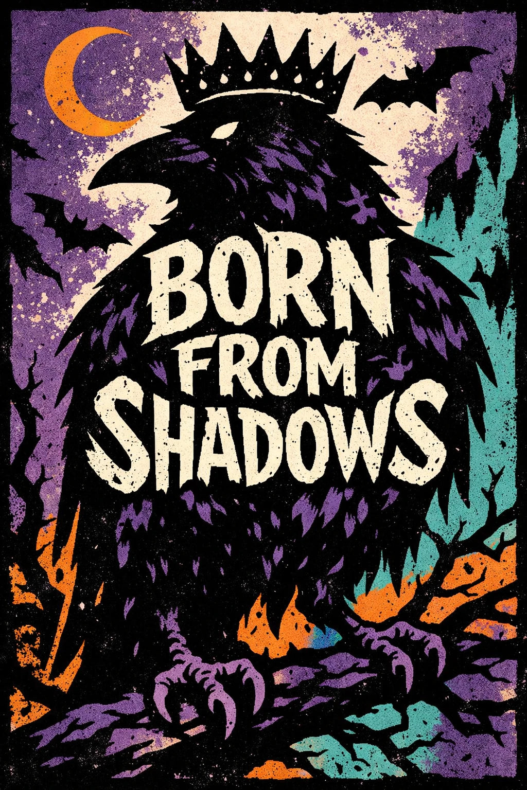 Example output from the Graphic Silhouette Typography Posters ChatGPT prompt: a poster reading Born From Shadows carved inside a crowned raven silhouette against a purple moonlit sky with bats.