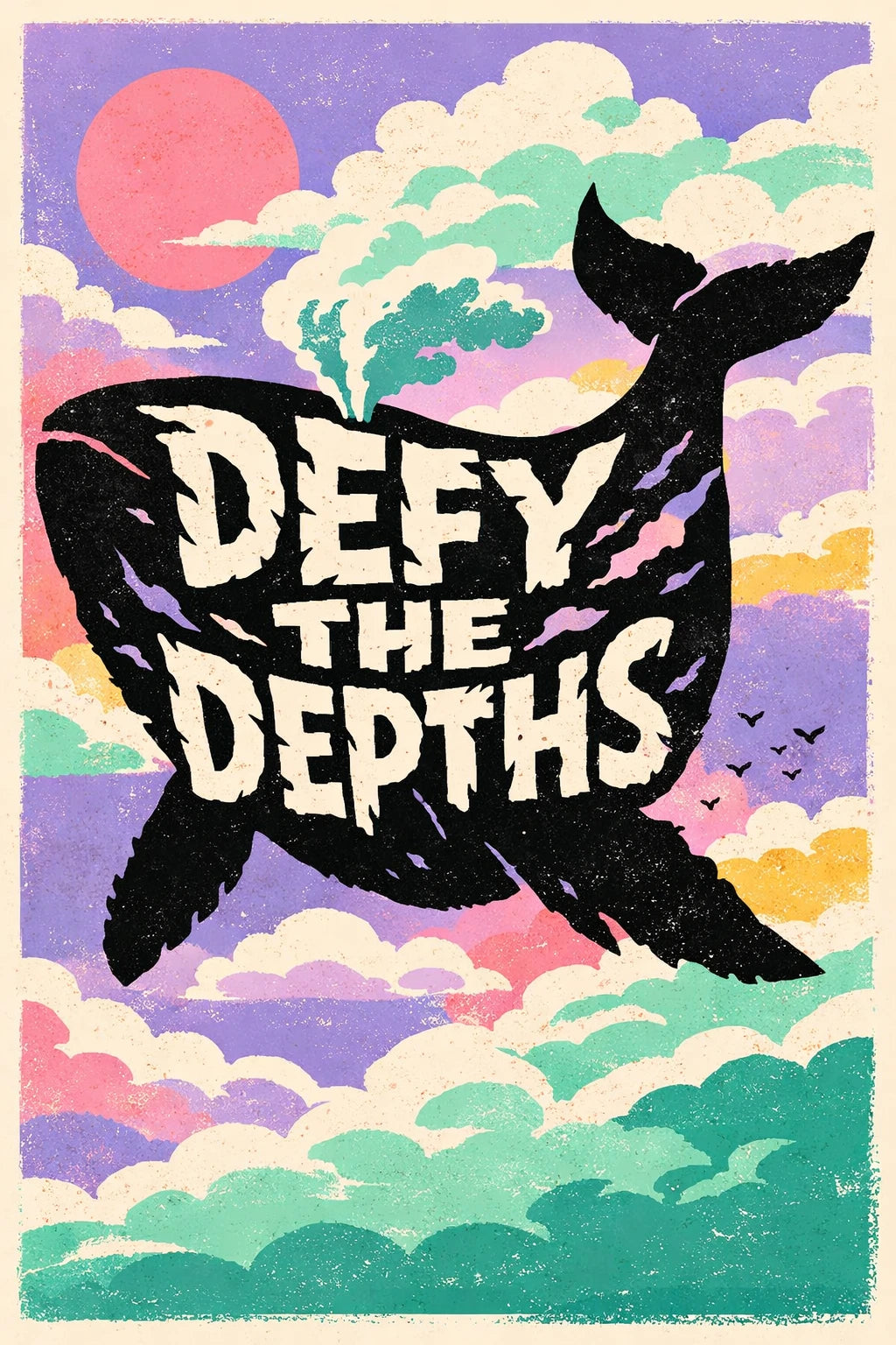 Example output from the Graphic Silhouette Typography Posters ChatGPT prompt: a poster reading Defy The Depths carved inside a black whale silhouette floating over pastel clouds and a pink sun.