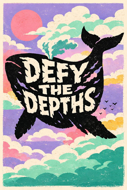 Example output from the Graphic Silhouette Typography Posters ChatGPT prompt: a poster reading Defy The Depths carved inside a black whale silhouette floating over pastel clouds and a pink sun.