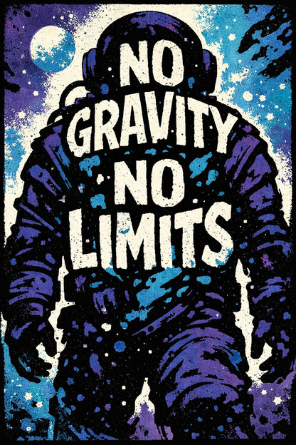 Example output from the Graphic Silhouette Typography Posters ChatGPT prompt: a poster reading No Gravity No Limits with typography carved inside a bold silhouette, in flat colors with screenprint texture.